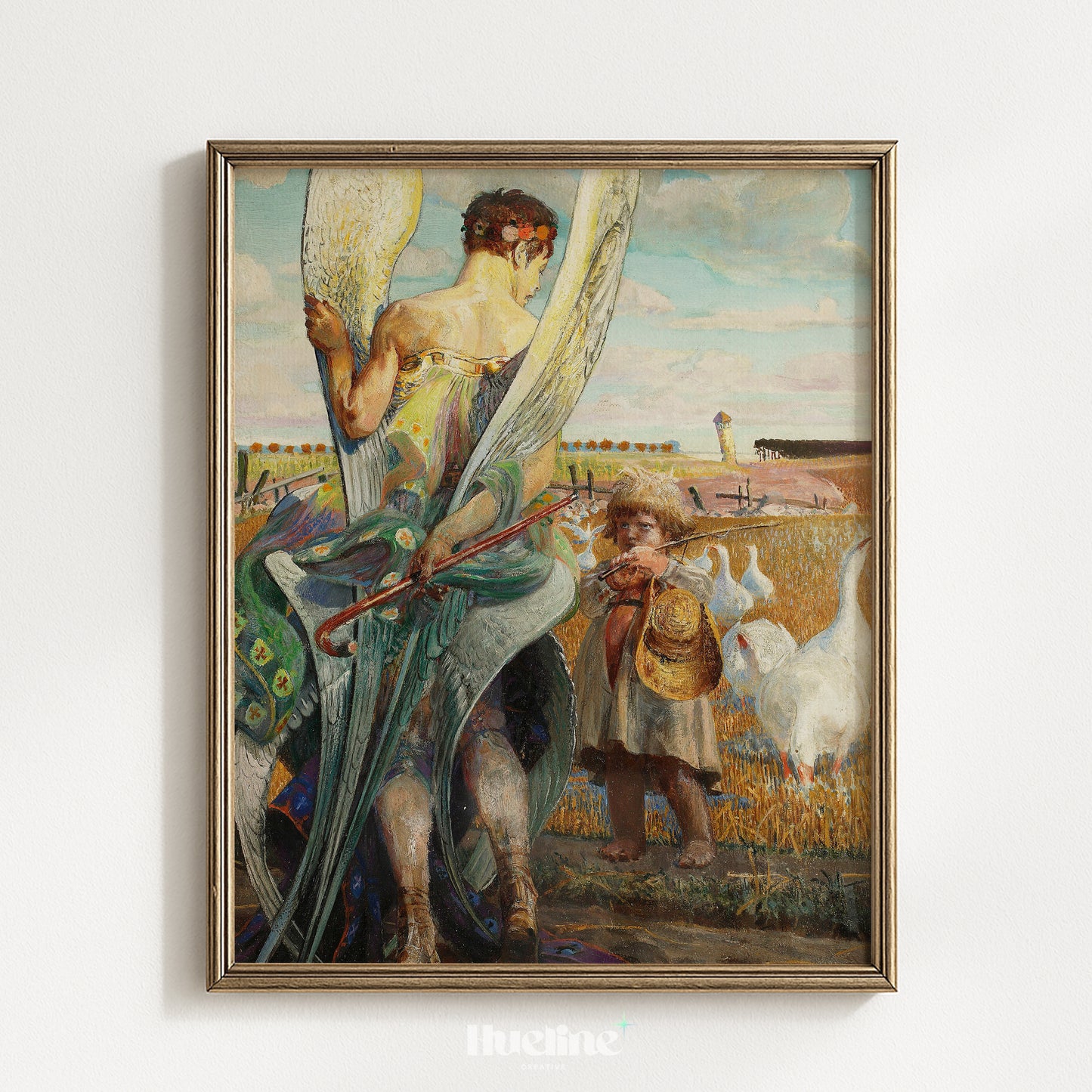 Vintage Angel and Child Oil Painting Print, Guardian Angel Geese Landscape Wall Art - L1192