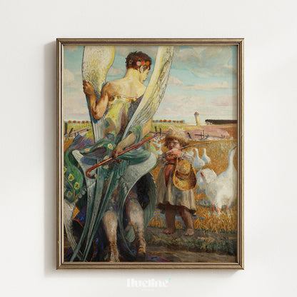 Vintage Angel and Child Oil Painting Print, Guardian Angel Geese Landscape Wall Art - L1192