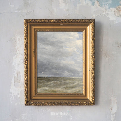 Dramatic Vintage Seascape Art Print – Cloudy Sky and Waves with Seagulls – Coastal Wall Decor for Nature-Inspired Interiors - L1059