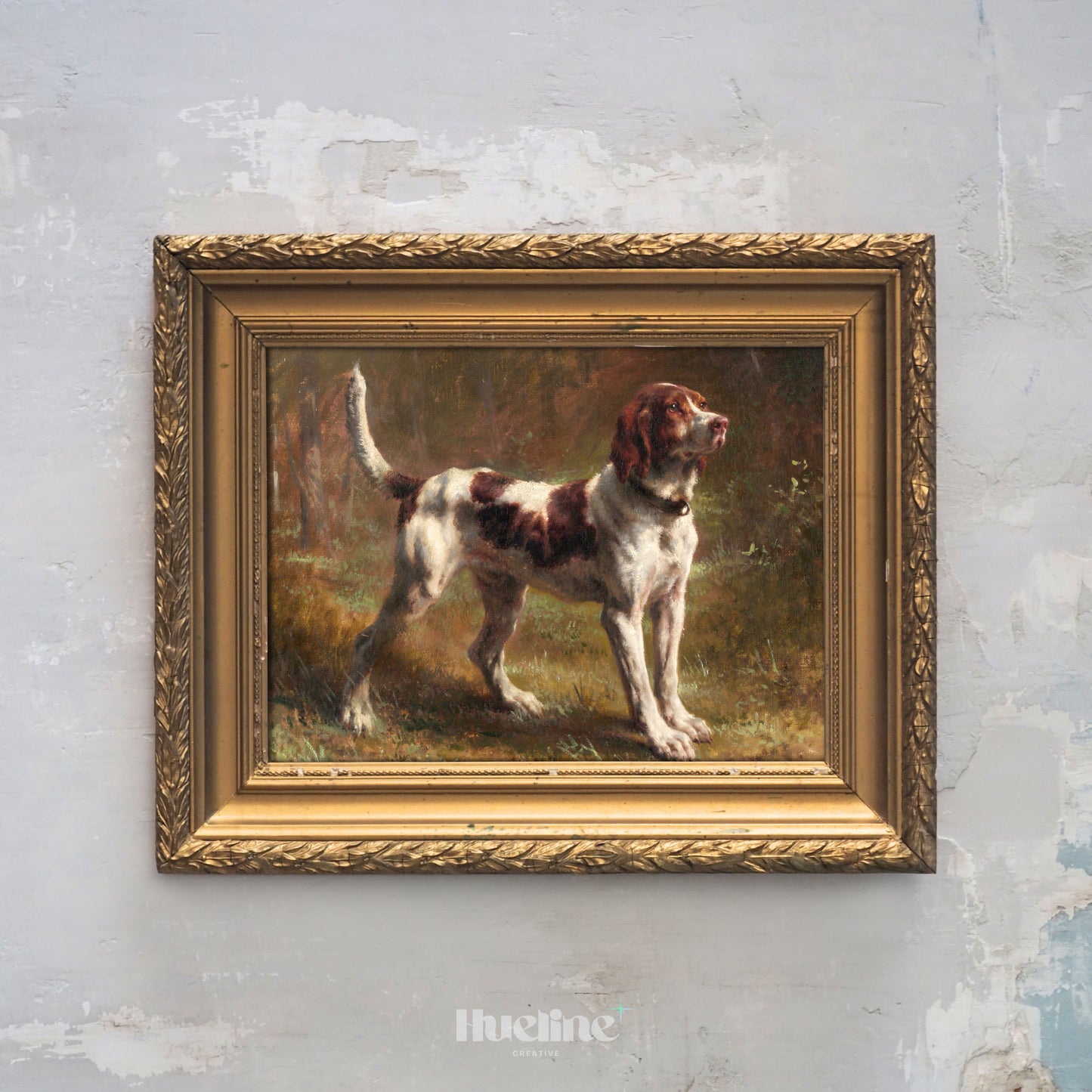 Classic Hunting Dog Oil Painting Print – Vintage Style Animal Portrait in Ornate Gold Frame, Country Home Wall Art - L1103