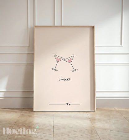 Minimalist Cheers Cocktail Print, Martini Glass Wall Art, Bar Cart Decor, Girly Poster - L1276