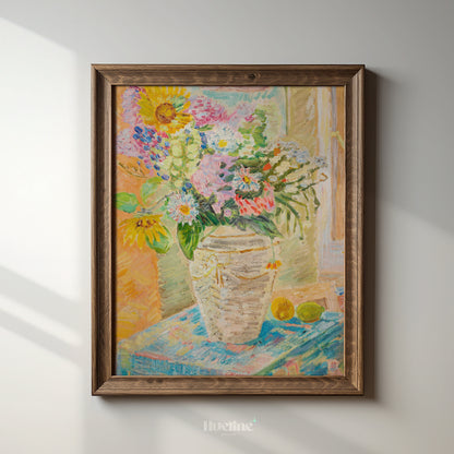 Maximalist Floral Wall Art, Eclectic Still Life Print, Colorful Sunflower Painting - L1161