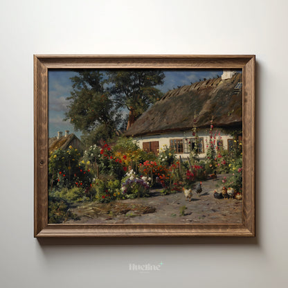 Vintage Cottage Garden Art Print – Floral Farmhouse Scene with Chickens and Thatch Roof House – Country Wall Decor for Rustic Interiors - L1046