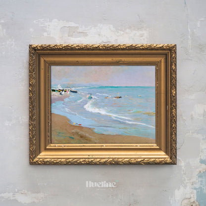 Coastal Beach Painting Print – Vintage Seaside Wall Art, Calm Ocean Waves - L1129