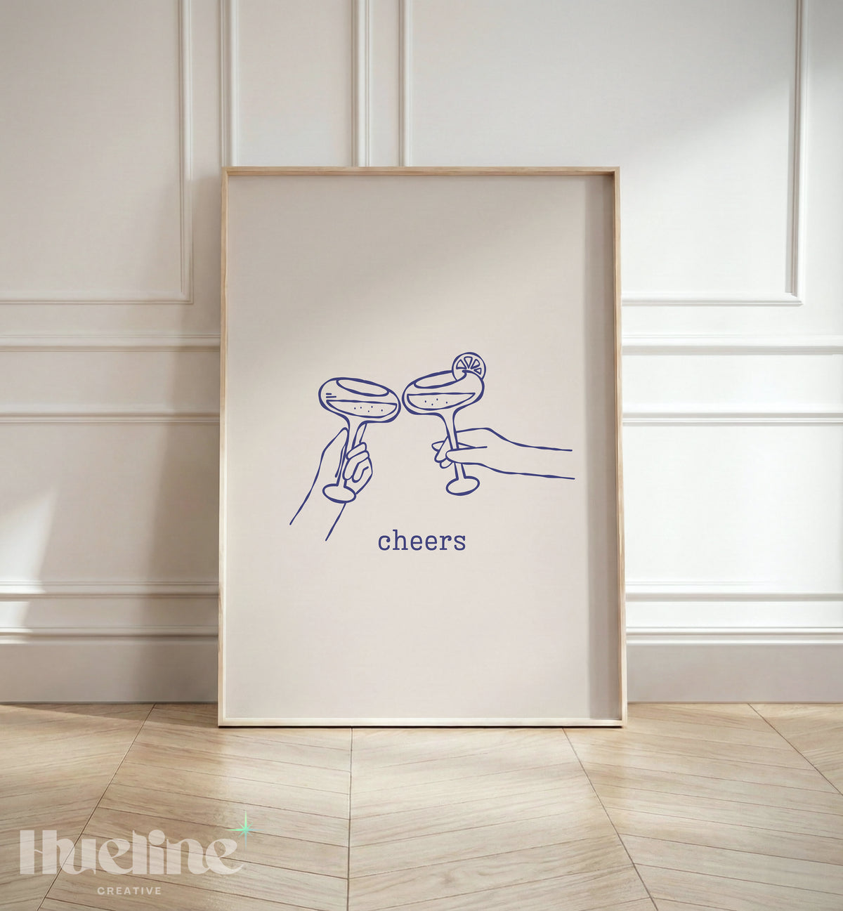 Minimal Cheers Cocktail Print, Blue Line Art Poster, Margarita Glass Bar Cart Decor - L1277