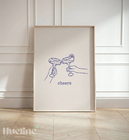 Minimal Cheers Cocktail Print, Blue Line Art Poster, Margarita Glass Bar Cart Decor - L1277