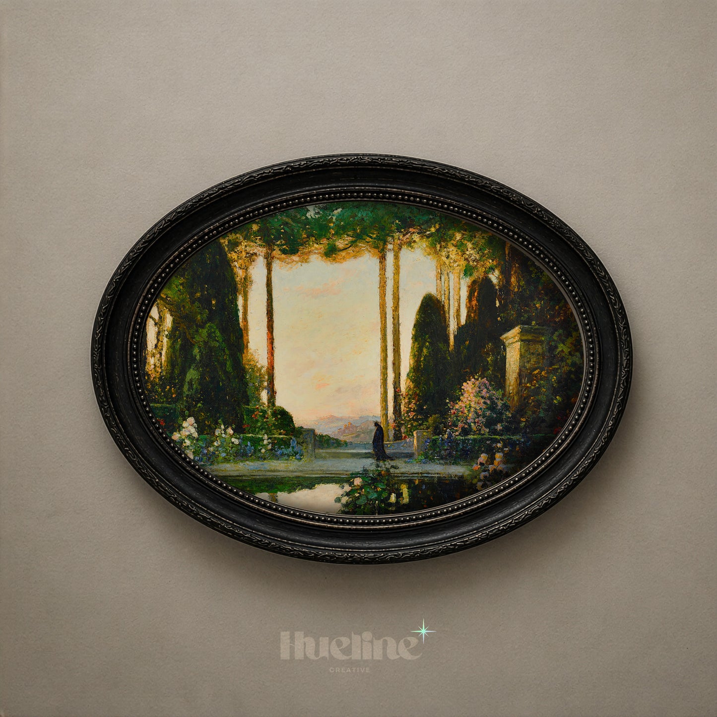 Vintage Enchanted Garden Oil Painting, Mystic Sunset Landscape, Antique Nature Art - L1212
