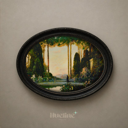 Vintage Enchanted Garden Oil Painting, Mystic Sunset Landscape, Antique Nature Art - L1212
