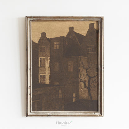 Sepia Cityscape Art Print – Moody Urban Architecture with Tree Silhouette – Minimalist Vintage Wall Decor for Modern Interiors - L1056