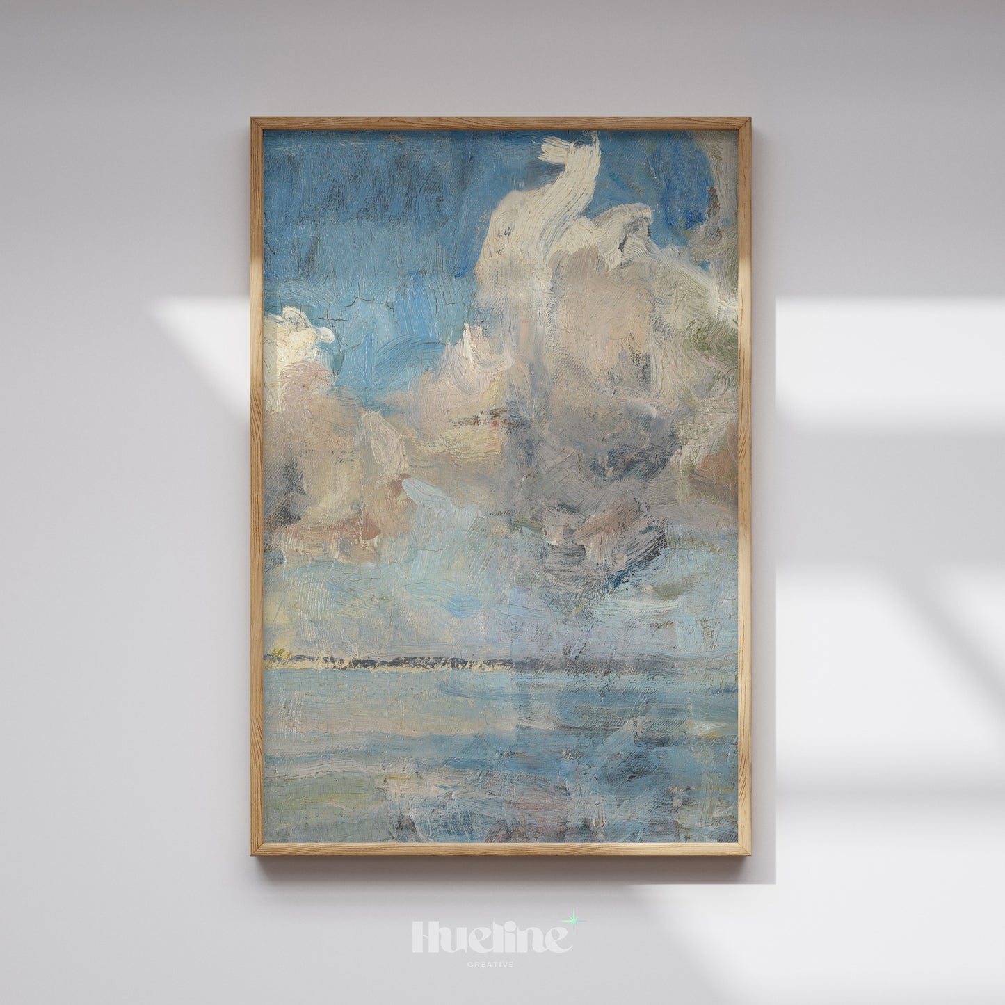 Abstract Cloudscape Painting, Moody Sky and Sea Art Print, Blue Beige Horizon Poster - L1172