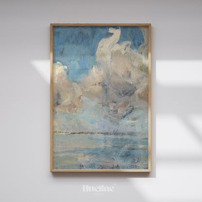 Abstract Cloudscape Painting, Moody Sky and Sea Art Print, Blue Beige Horizon Poster - L1172