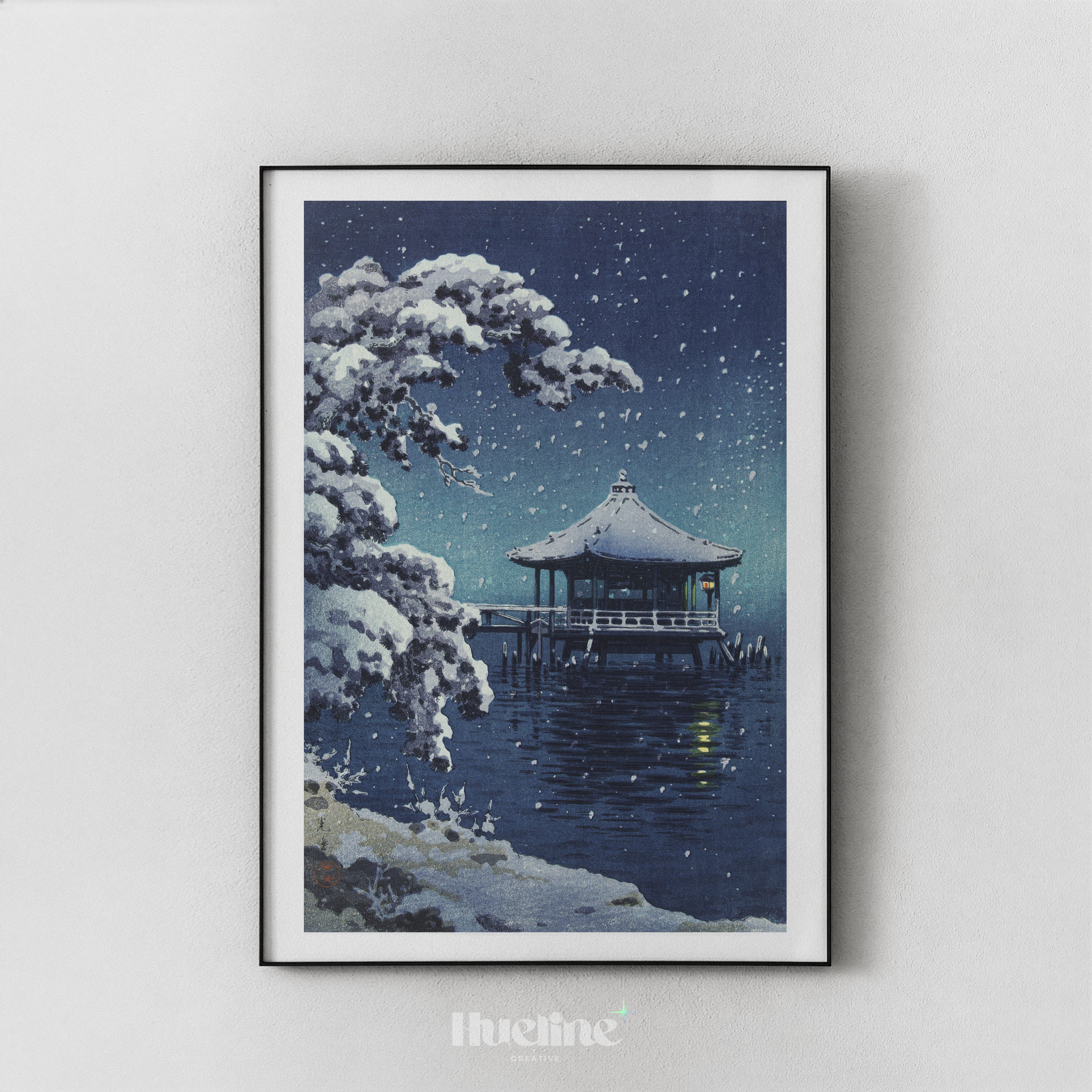 Vintage Japanese Snowy Night Woodblock Illustration, Ukimido