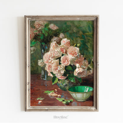Romantic Pink Rose Bouquet Art Print – Vintage Floral Still Life Wall Decor for Elegant Interiors – Classic Botanical Painting Gift for Wife - L1070
