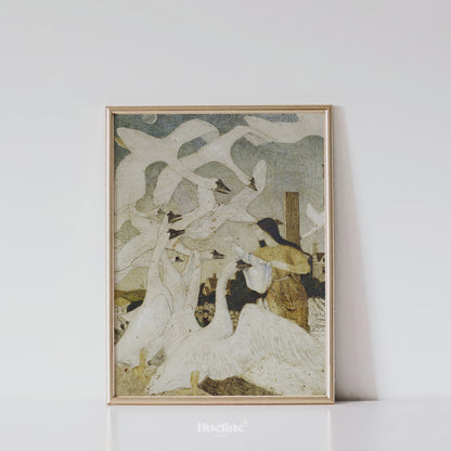 Swan Girl Painting - Vintage-Inspired Surreal Wall Art - Mystical Birds and Woman Print - Dreamlike Ethereal Decor - L1033