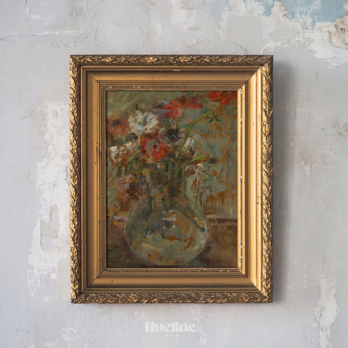 Rustic Impressionist Floral Vase Print – Vintage-Inspired Moody Still Life Wall Art - L1081