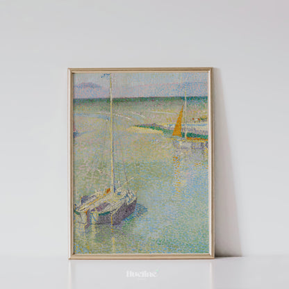 Pointillist Sailing Boat Art Print – Soft Pastel Coastal Scene with Tranquil Water – Impressionist Nautical Wall Decor for Calm Interiors - L1045