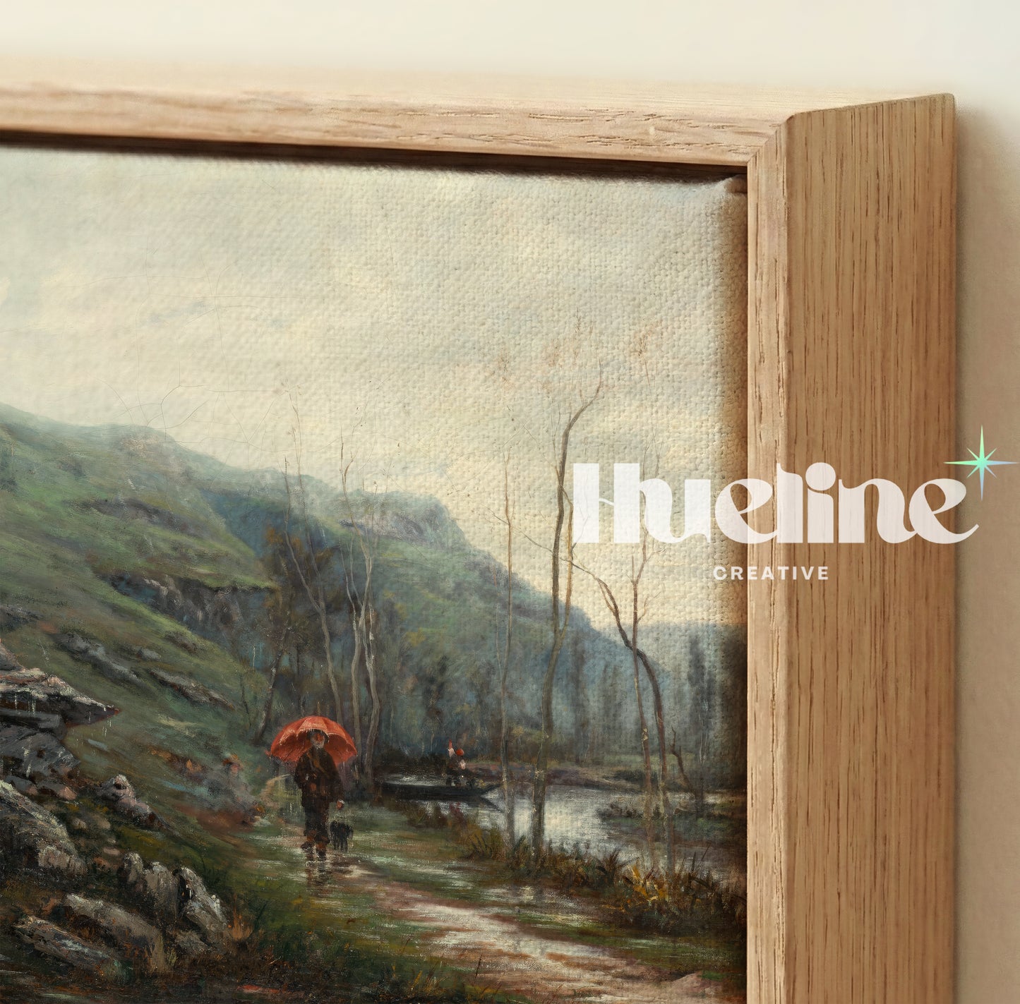 Vintage Landscape Wall Art, Red Umbrella Oil Painting Print, Moody River Scene - L1218