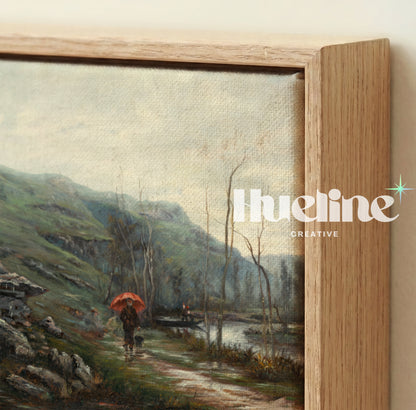 Vintage Landscape Wall Art, Red Umbrella Oil Painting Print, Moody River Scene - L1218
