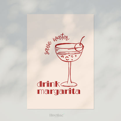 Save Water Drink Margarita Print, Red Cocktail Wall Art, Bar Cart Kitchen Decor - L1278