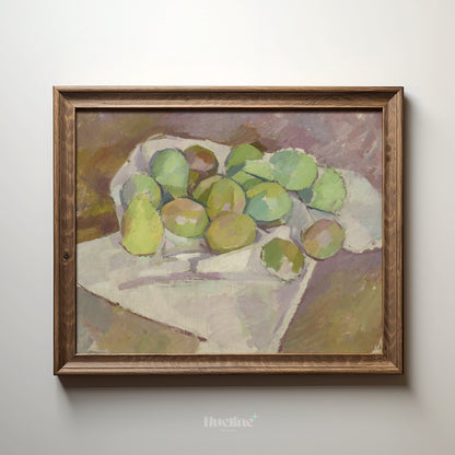 Vintage Still Life Fruit Painting Print – Green Apple & Pear Art for Kitchen or Dining Room – Artistic Gift for Art Lovers - L1066