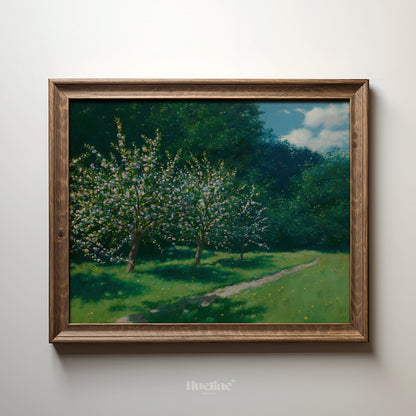 Spring Orchard Landscape Print – Peaceful Blooming Tree Pathway Wall Art – Vintage Nature Scene for Country Cottage Decor – Gift for Garden Lovers - L1071