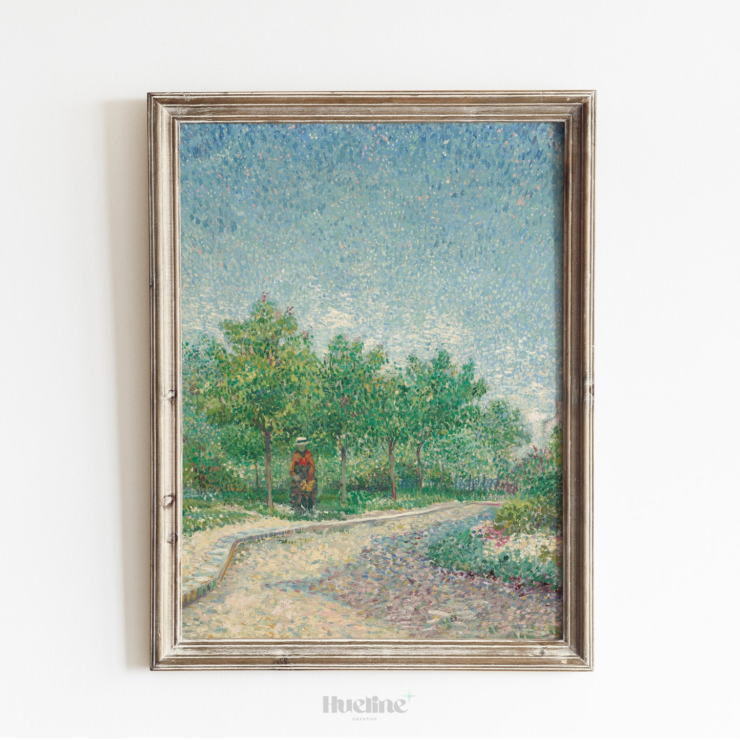 Pointillist Landscape Art Print – Tranquil Nature Scene with Trees and Walking Figure – Impressionist Wall Decor in Soft Pastel Tones - L1057