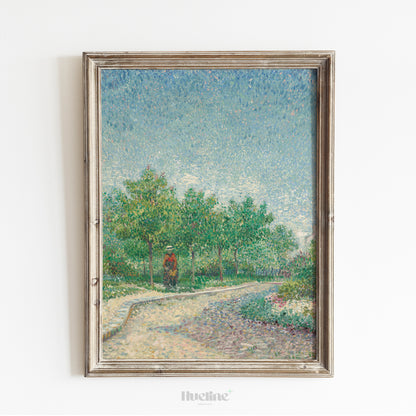 Pointillist Landscape Art Print – Tranquil Nature Scene with Trees and Walking Figure – Impressionist Wall Decor in Soft Pastel Tones - L1057