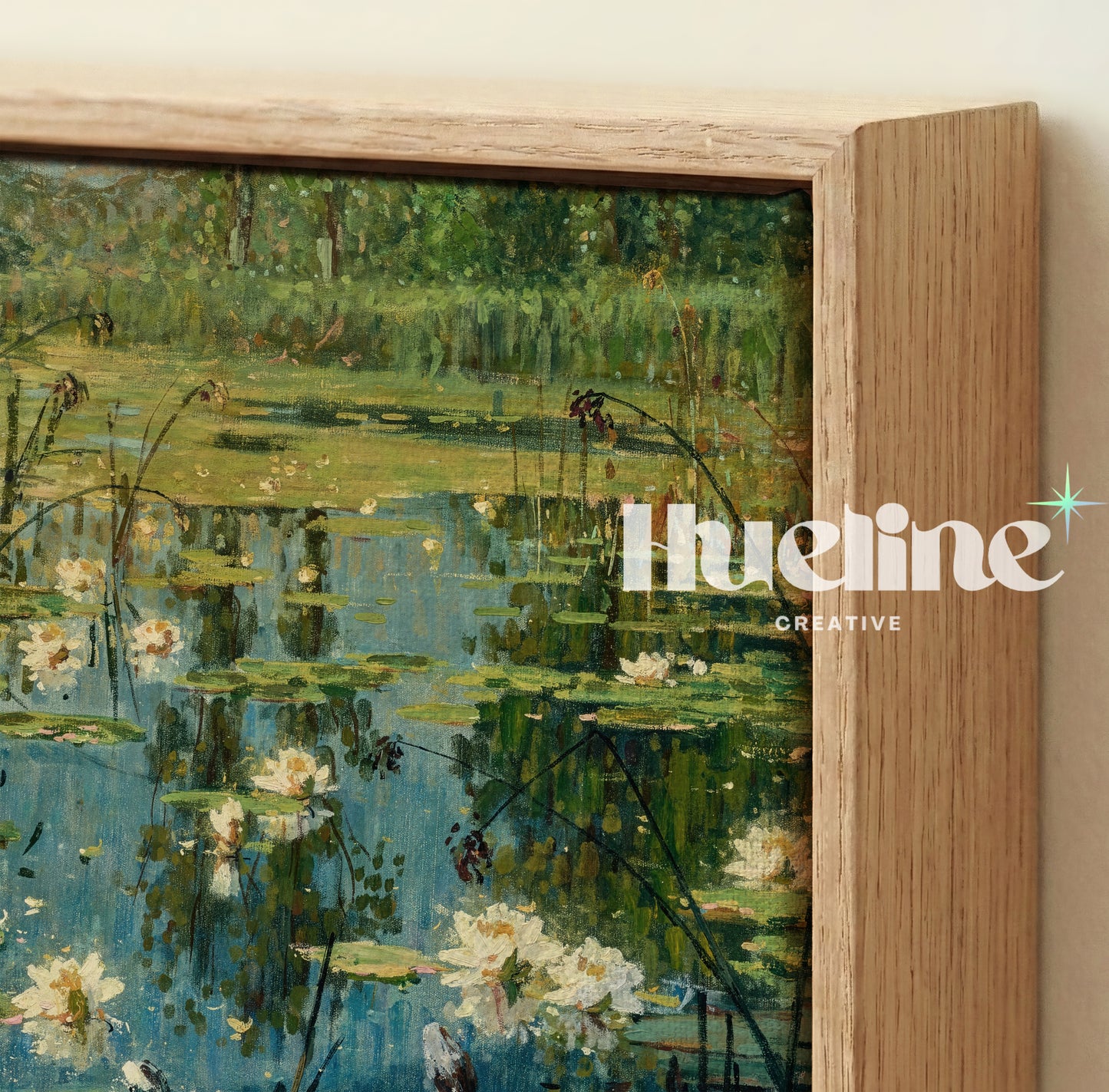 Impressionist Water Lily Pond, Floral Landscape, Calm Water, Reeds, Nature Wall Art - L1197