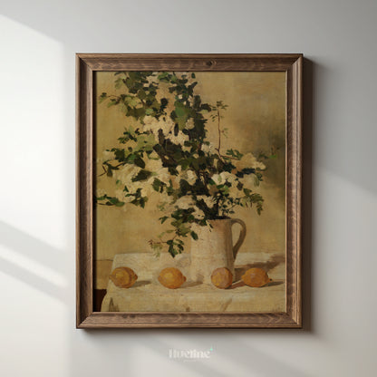 Vintage Floral Still Life Art Print – Country Style Lemon and Vase Painting – Rustic Wall Decor for Kitchen or Cottage Interiors - L1038