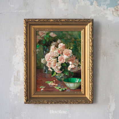 Romantic Pink Rose Bouquet Art Print – Vintage Floral Still Life Wall Decor for Elegant Interiors – Classic Botanical Painting Gift for Wife - L1070