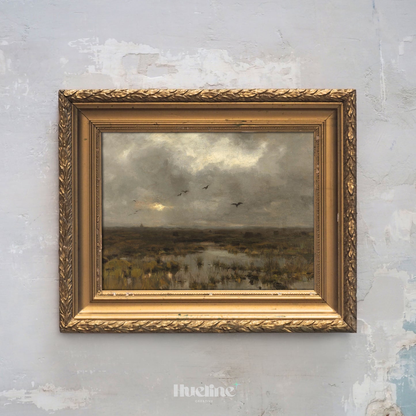 Moody Marshland Landscape Art Print – Dark Vintage Nature Scene with Birds and Overcast Sky – Atmospheric Wall Decor for Rustic or Minimal Interiors - L1054