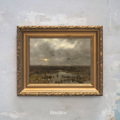 Moody Marshland Landscape Art Print – Dark Vintage Nature Scene with Birds and Overcast Sky – Atmospheric Wall Decor for Rustic or Minimal Interiors - L1054
