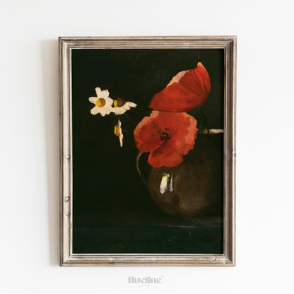Vintage Red Poppy and Daisy Still Life Print, Dark Floral Wall Art, Moody Botanical Poster - L1083