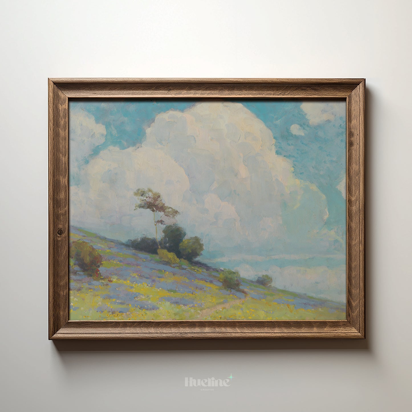 Vintage Landscape Wall Art | Cloudy Sky and Meadow Hill Painting Print - L1107