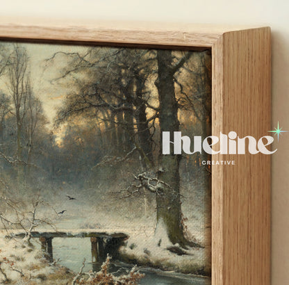 Vintage Winter Forest Painting, Snowy Landscape with Bridge, Moody Woods Wall Art - L1210