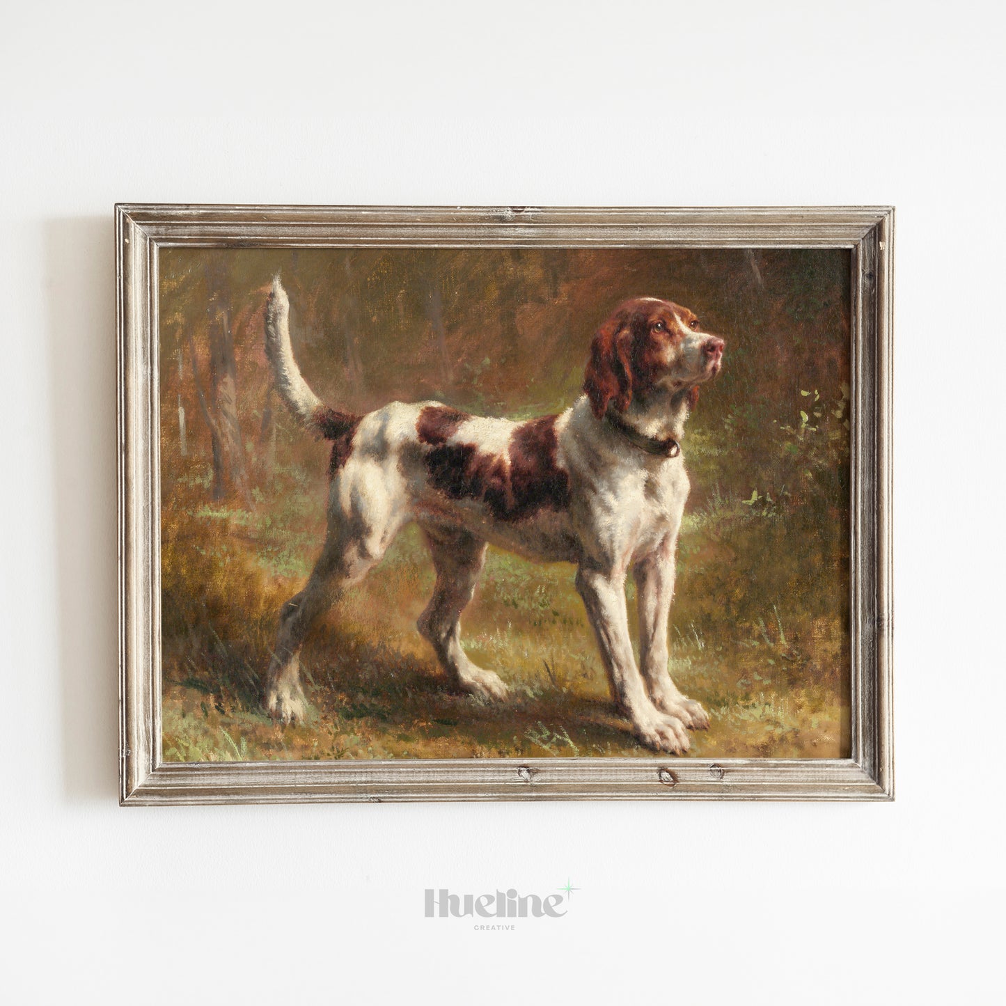Classic Hunting Dog Oil Painting Print – Vintage Style Animal Portrait in Ornate Gold Frame, Country Home Wall Art - L1103