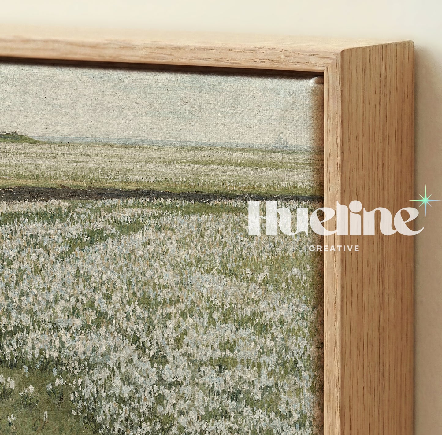 Rustic Oil Painting, White Flower Meadow, Remote Village and Sea View Poster - L1202