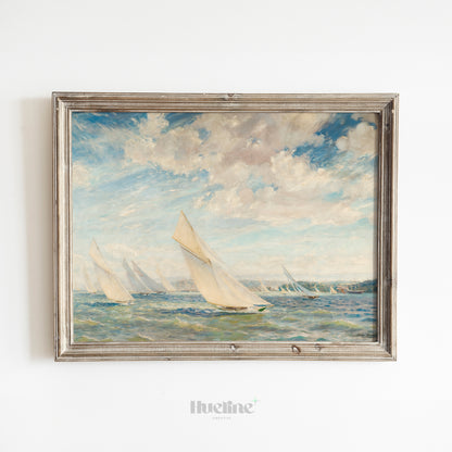 Vintage Sailing Boats Art Print – Coastal Nautical Wall Art with Blue Sky and Sea – Classic Maritime Decor for Beach or Lake House - L1041