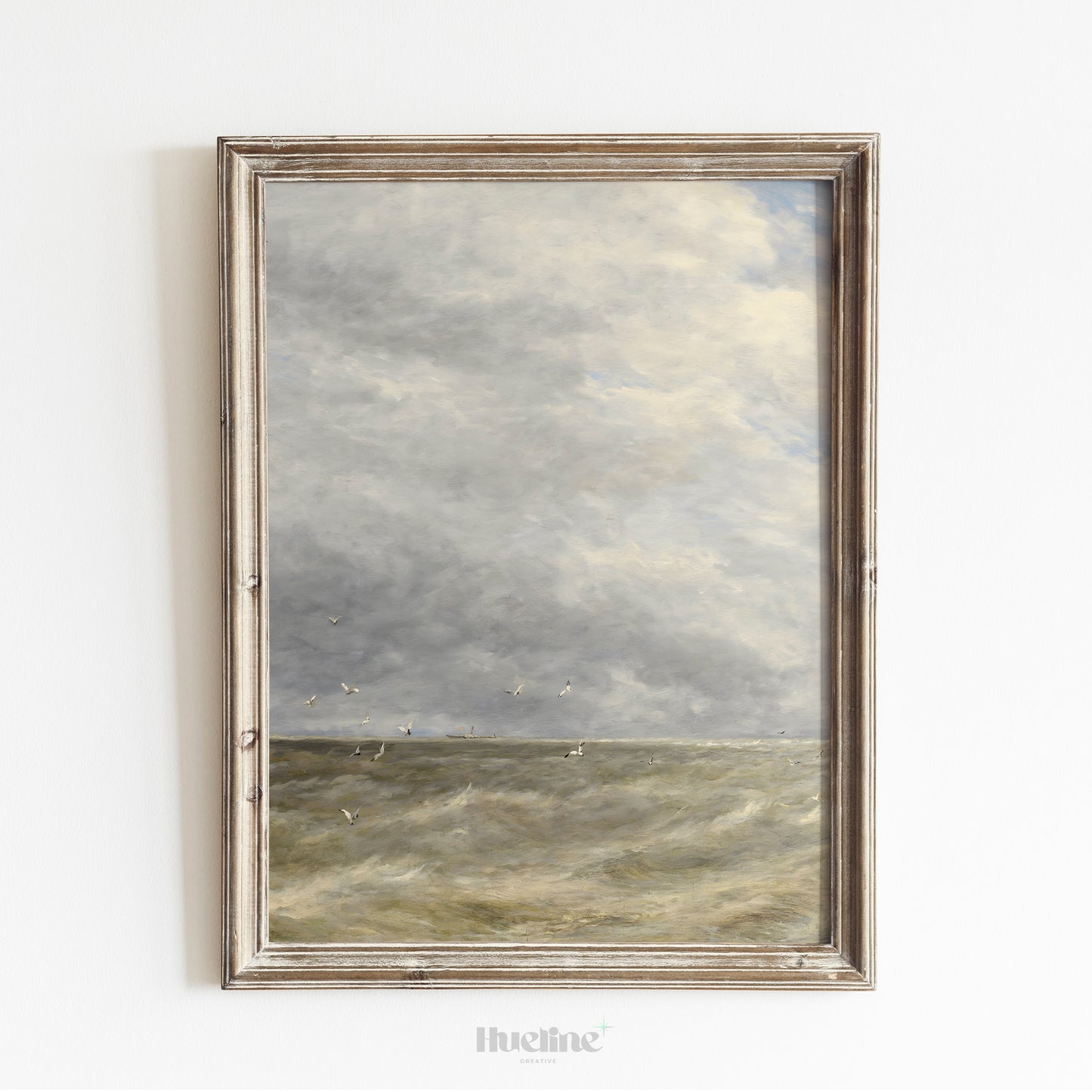 Dramatic Vintage Seascape Art Print – Cloudy Sky and Waves with Seagulls – Coastal Wall Decor for Nature-Inspired Interiors - L1059