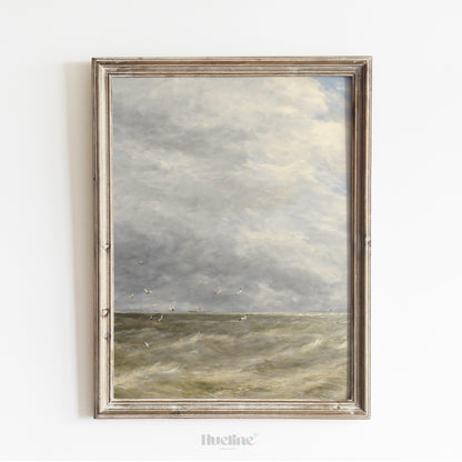 Dramatic Vintage Seascape Art Print – Cloudy Sky and Waves with Seagulls – Coastal Wall Decor for Nature-Inspired Interiors - L1059