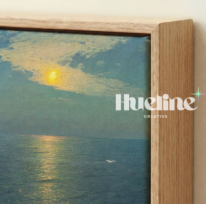 Vintage Moonlight Ocean Seascape Wall Art, Classical Night Sea Painting - L1181