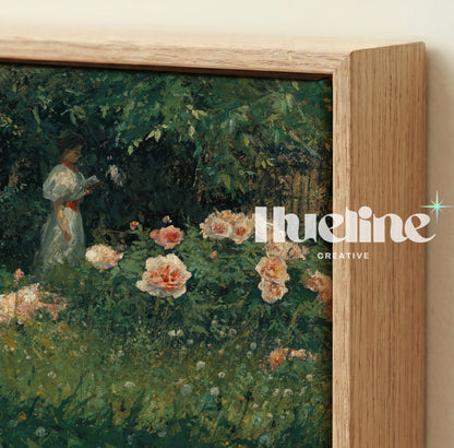 Vintage Impressionist Reading Woman, Floral Garden Oil Painting, Romantic Wall Art - L1211