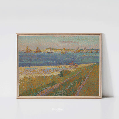 Pointillist Coastal Landscape Art Print – Vintage Style Sailing Boats Seascape – Impressionist Nautical Wall Decor for Beach or Art-Inspired Homes - L1043