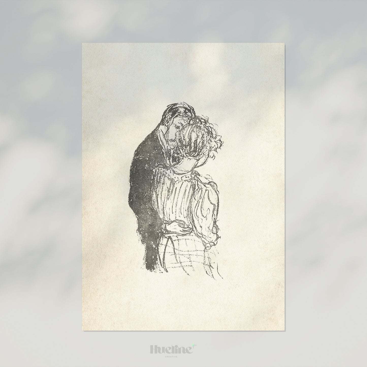 Vintage Romantic Embrace Sketch, Couple Wall Art, Antique Style Monochrome Poster - L1190