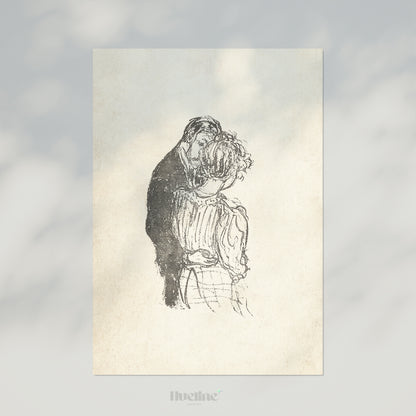 Vintage Romantic Embrace Sketch, Couple Wall Art, Antique Style Monochrome Poster - L1190