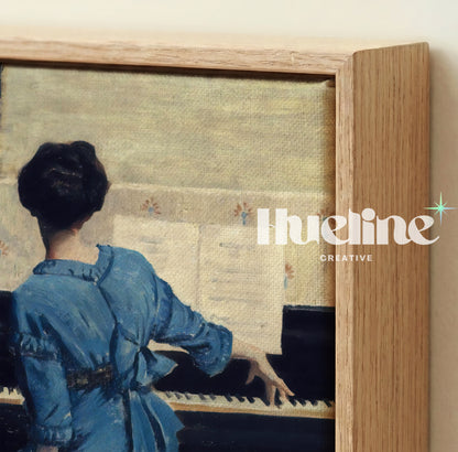 Woman at the Piano Print, Vintage Musician Wall Art, Lady in Blue Dress Painting - L1174