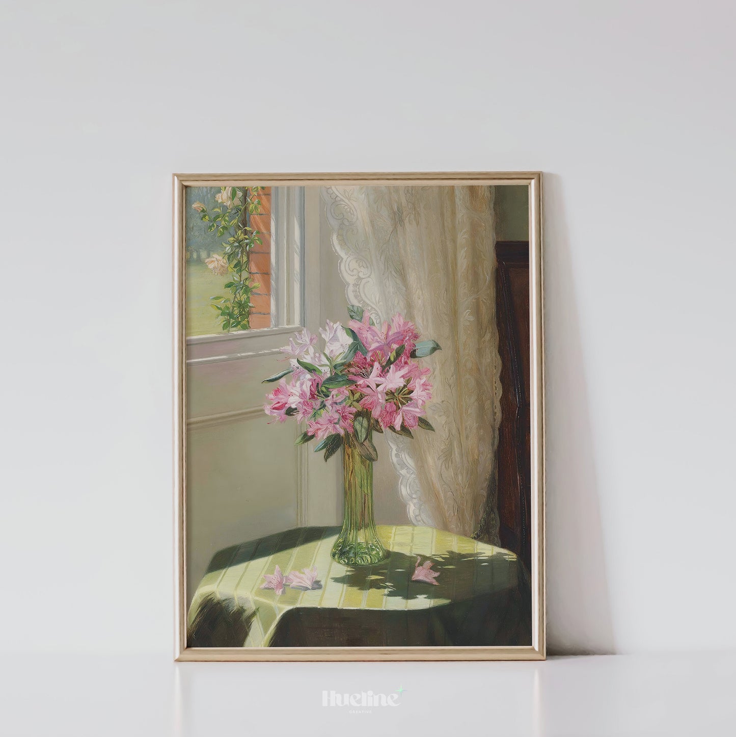 Sunlit Floral Still Life Art Print – Vintage Vase of Pink Flowers by Window – Romantic Cottagecore Wall Decor for Warm Interiors - L1050