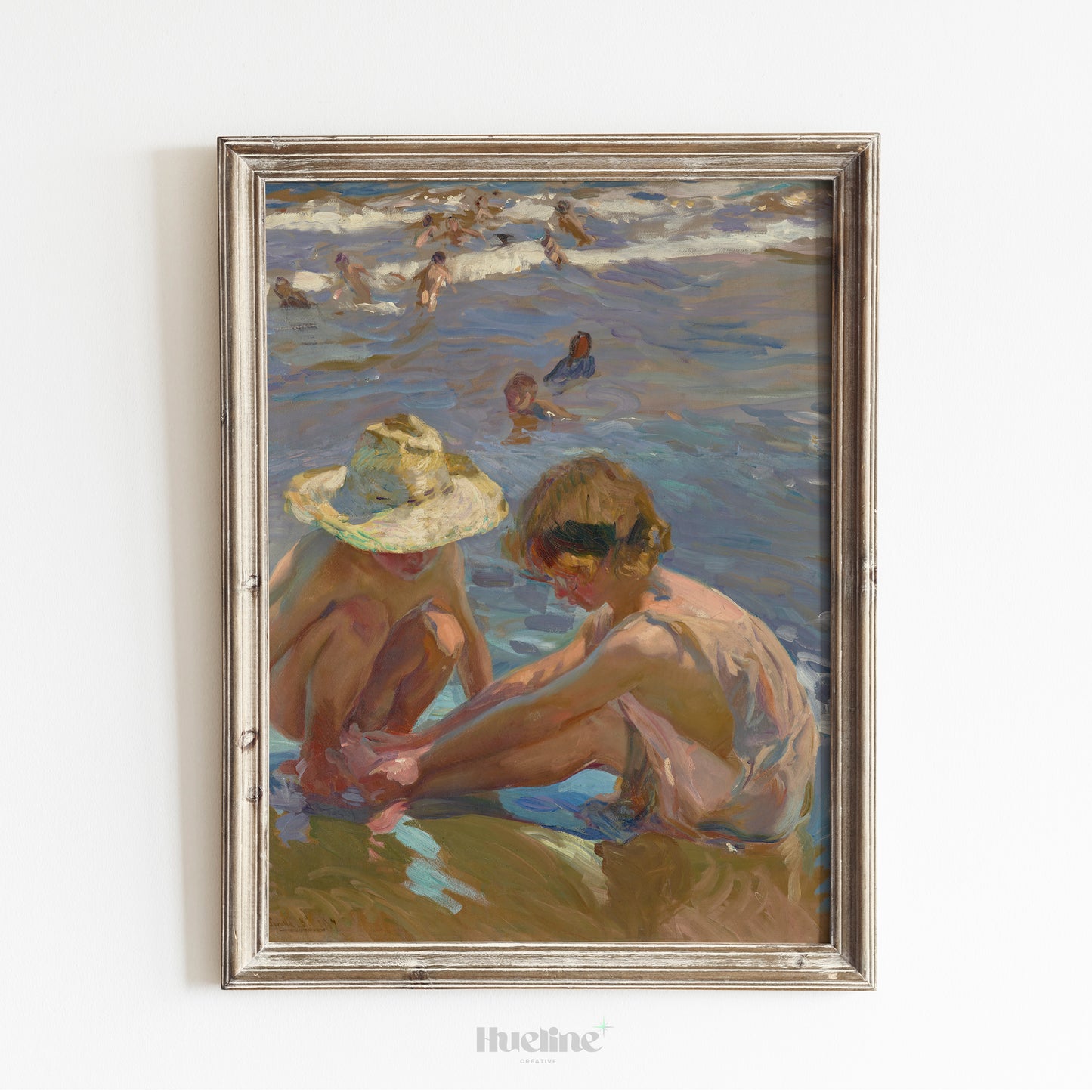 Vintage Beach Scene Art Print – Impressionist Painting of Children by the Sea – Sunlit Summer Wall Decor for Coastal and Nostalgic Interiors - L1051