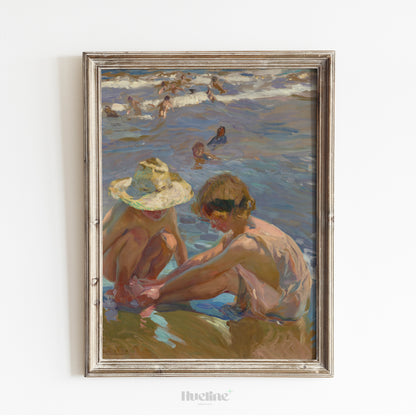 Vintage Beach Scene Art Print – Impressionist Painting of Children by the Sea – Sunlit Summer Wall Decor for Coastal and Nostalgic Interiors - L1051