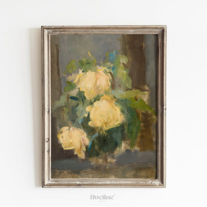 Vintage Yellow Rose Print, Antique Floral Still Life Wall Art, Rustic Cottagecore Flower Painting for Home Decor - L1082